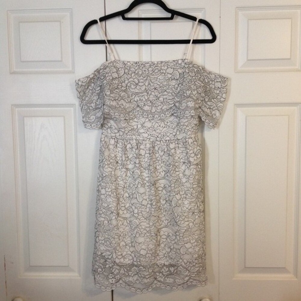FRANCESCA'S Size Small Black White Lace Mini Dress Off Shoulders Lined Scalloped